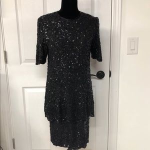 Sequin Beaded Dress Large Black Silk formal